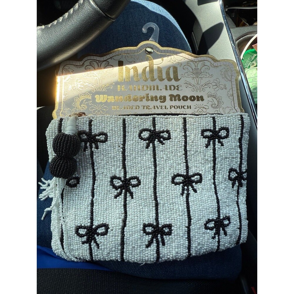Beaded Travel Pouch - Black White Bows - India Handmade Wandering Moon